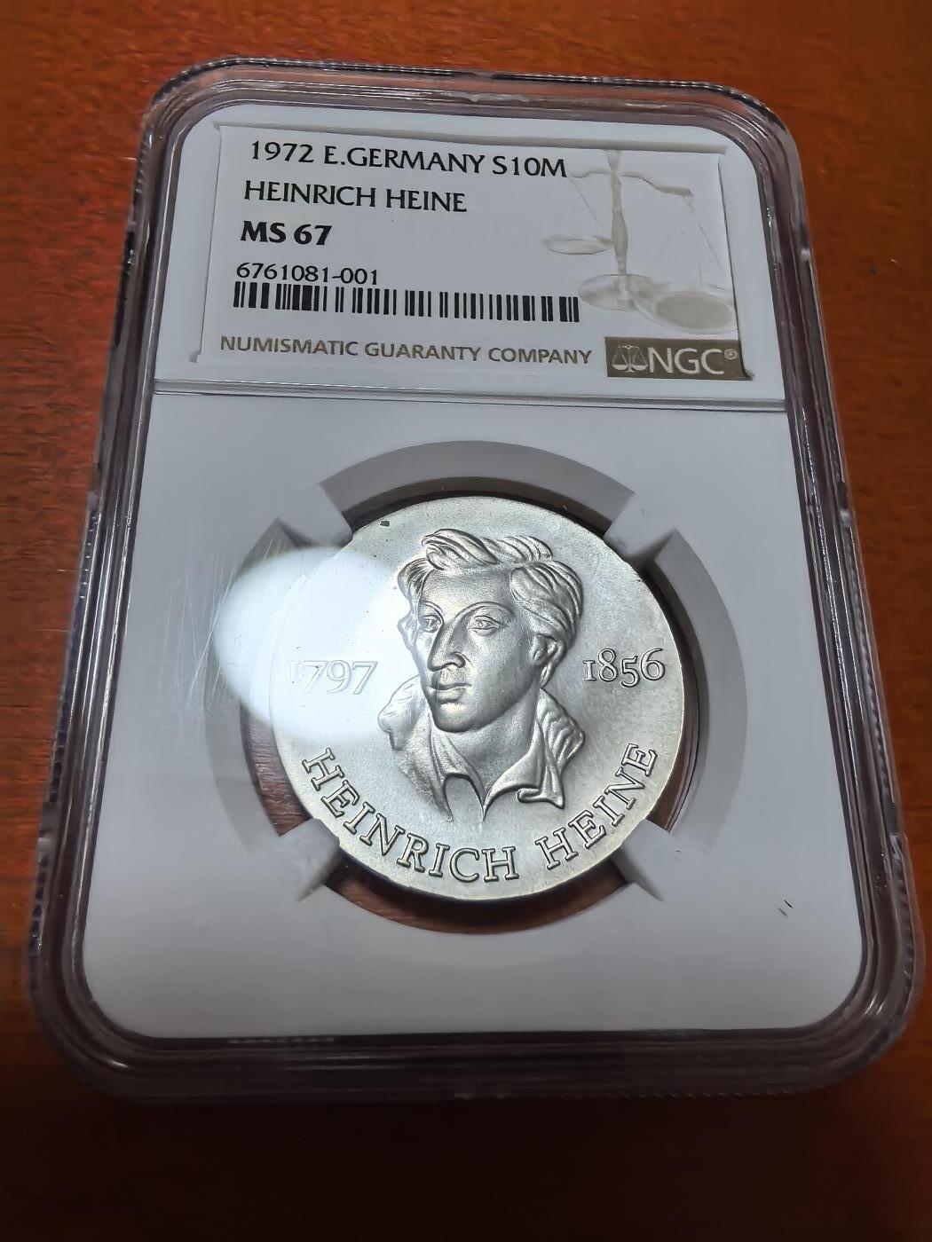 长老汇蛇年精选第一百场拍卖 1972东德亨德里希·海涅诞辰175周年10马克银币，NGC MS67，亚军分，更高仅有1枚