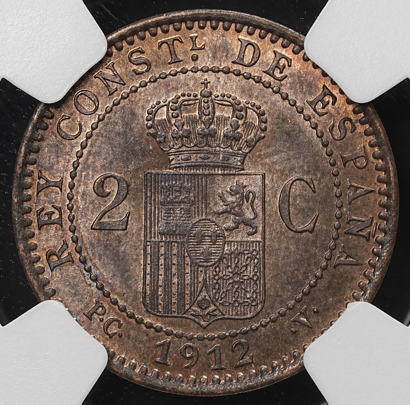 修遠堂世界钱币第105期，马年首拍 NGC MS64BN 1912年西班牙2分铜币