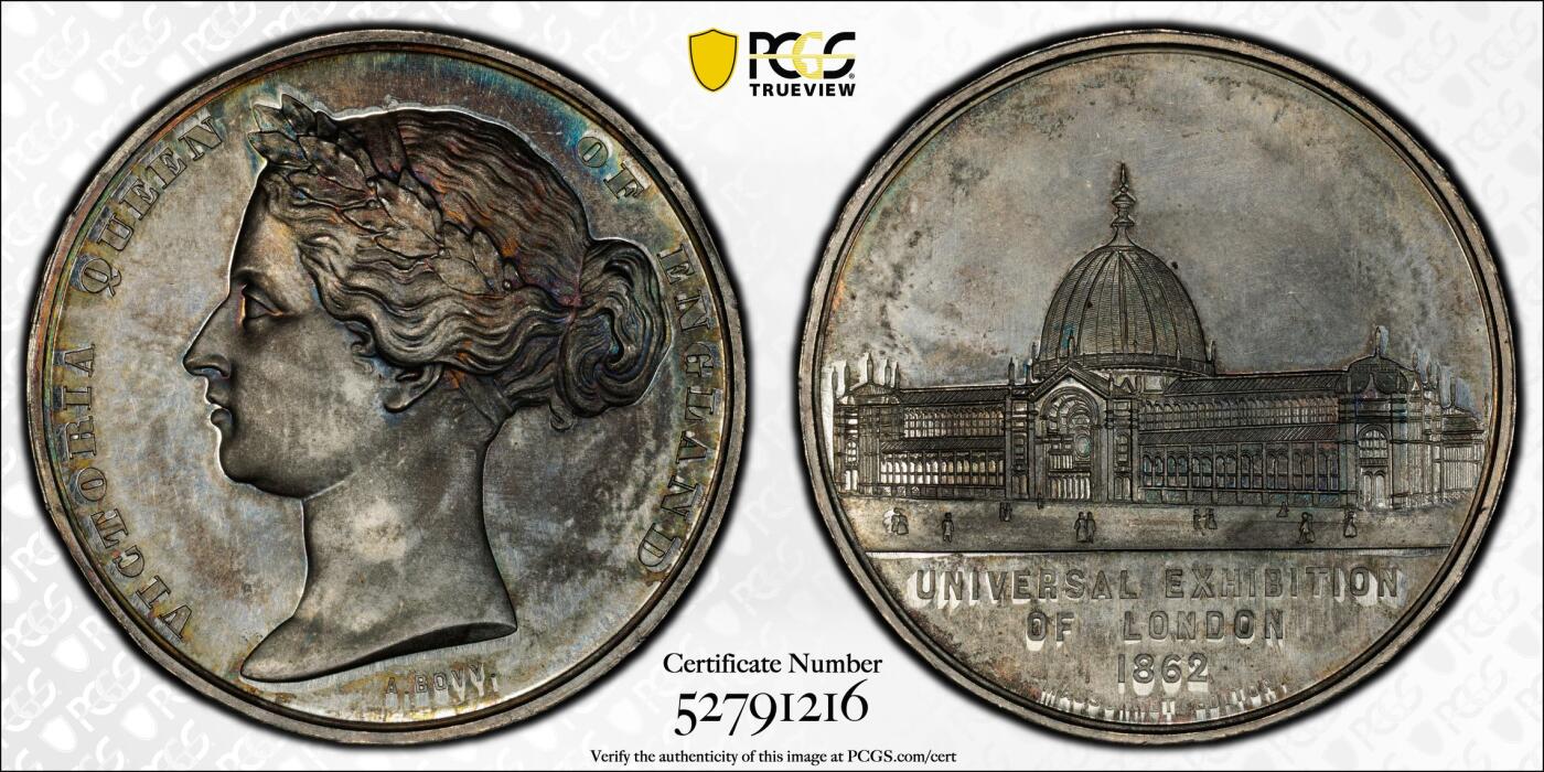博洋堂蛇年收官专场暨第161期（全场包邮） PCGS MS62 英国1862年伦敦万国工业博览会白金属纪念章，少见带彩