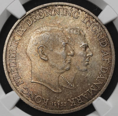 修遠堂世界钱币第105期，马年首拍 - NGC MS64 1953年丹麦格林兰结核防治纪念2克朗银币 15g，含银80%