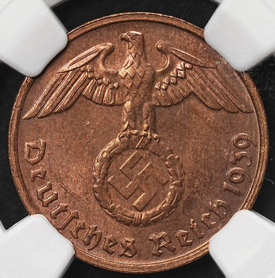 修遠堂世界钱币第105期，马年首拍 - NGC MS64RB 1939年德国2芬尼铜币 G厂铭