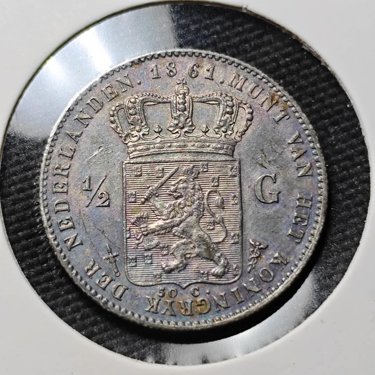 KK钱币收藏小铺  第397期 百期特怕（四拍之一） 2月预留时间 周末发货  1861荷兰1/2盾银币 深打状态 细节好