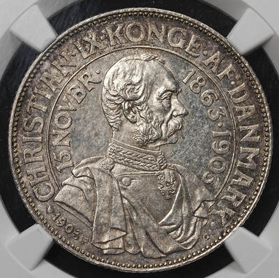 修遠堂世界钱币第105期，马年首拍 - NGC MS63 1903年丹麦国王登基40周年纪念2克朗银币 15g，含银80%