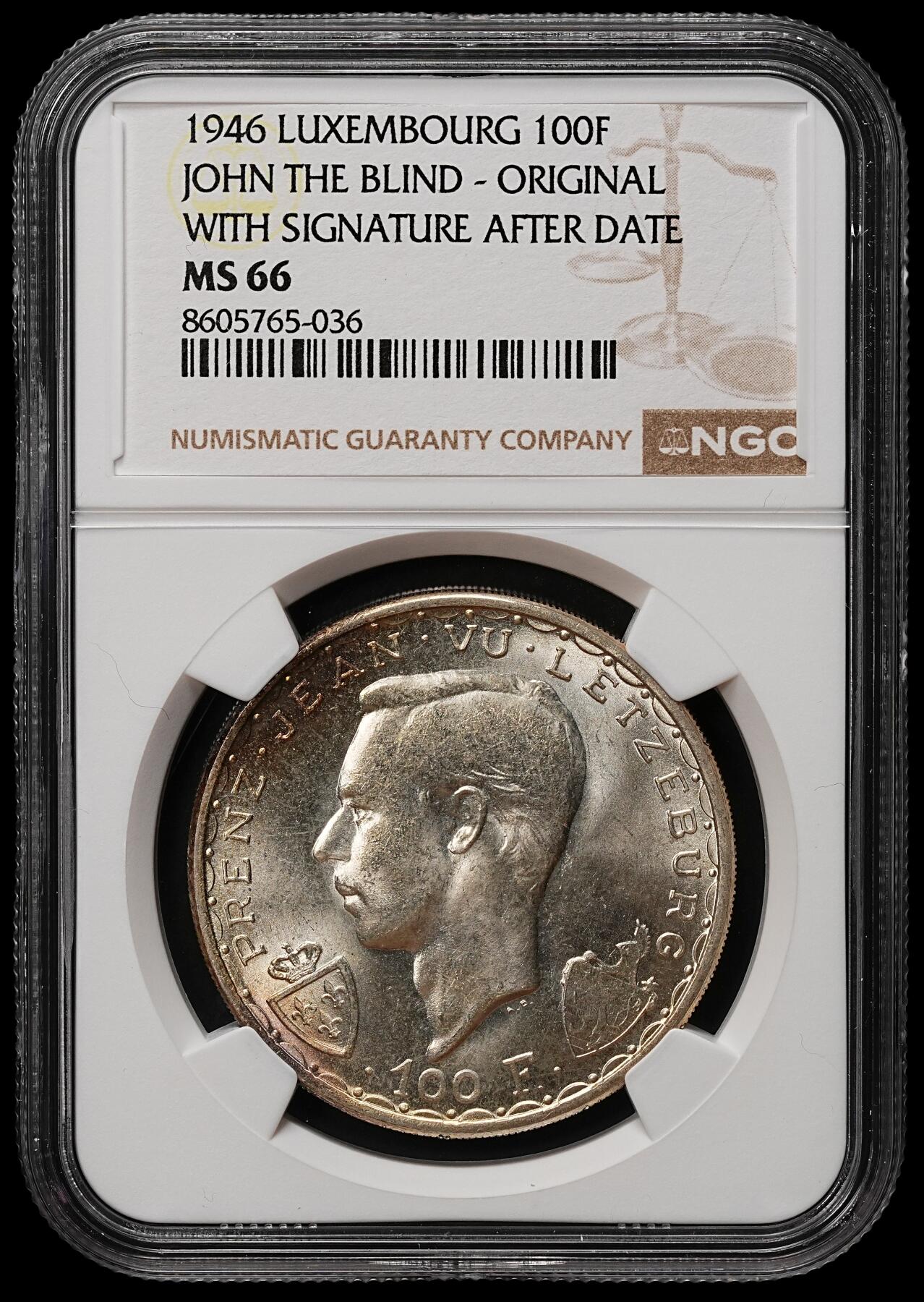 修遠堂世界钱币第105期，马年首拍 NGC MS66 1946年卢森堡伯爵瞎子约翰在克雷西战役中阵亡600周年纪念100法郎大银币