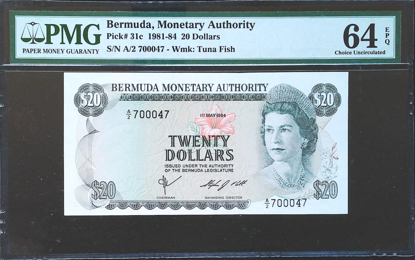 世界靓号纸钞第八十二期 1981年百慕大20元 高冠女王 PMG64