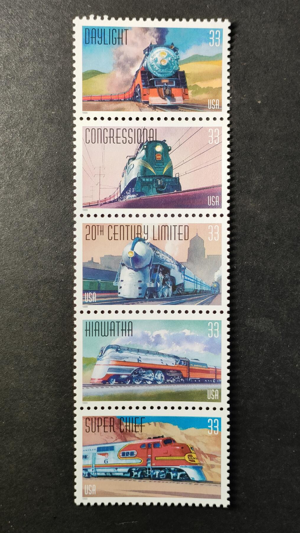 ↓君缘收藏740期☞钱币邮品↓无佣金、可寄存、满30元包邮  美国邮票，1999年国家铁路修建200周年  火车邮票连票5全