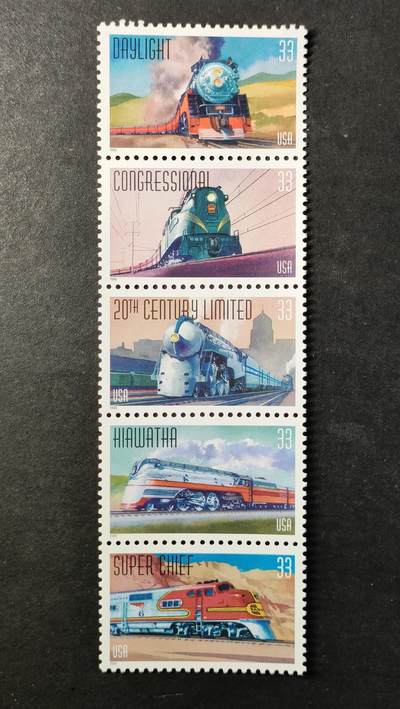 ↓君缘收藏740期☞钱币邮品↓无佣金、可寄存、满30元包邮  - 美国邮票，1999年国家铁路修建200周年  火车邮票连票5全