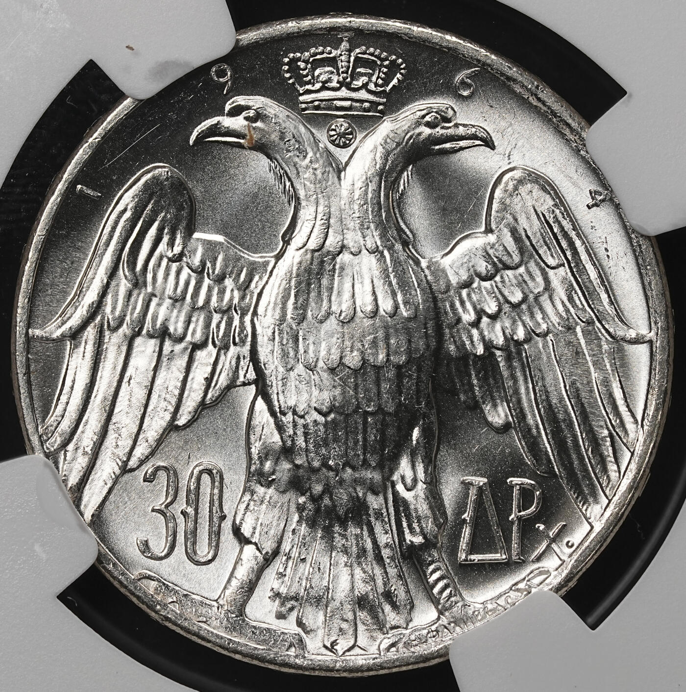 修遠堂世界钱币第105期，马年首拍 NGC MS64 1964年希腊国王康斯坦丁二世与王后安妮 - 玛丽（丹麦公主）结婚纪念30德拉克马银币，12g，含银83.5%