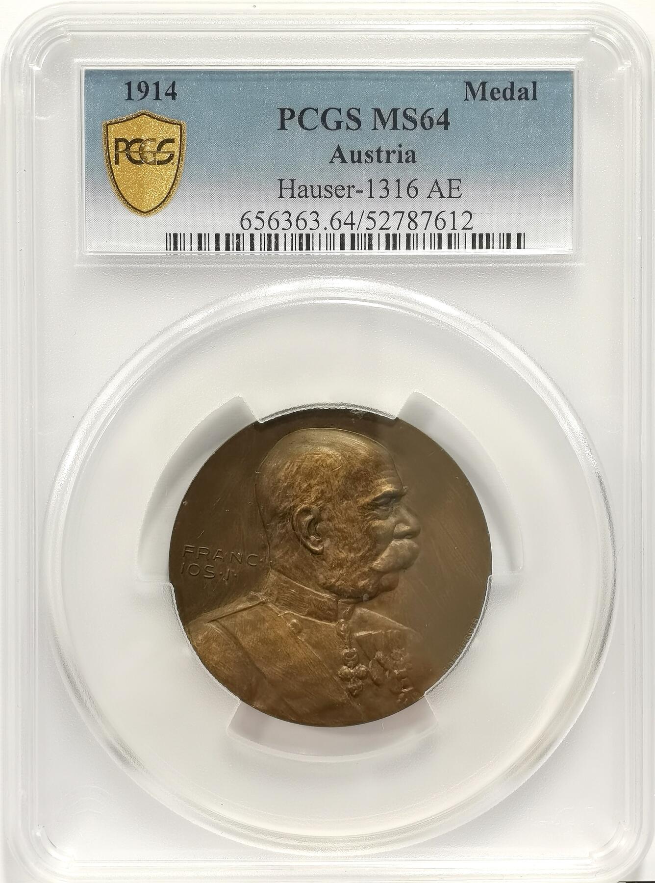 博洋堂蛇年收官专场暨第161期（全场包邮） PCGS MS64 奥地利1914年弗朗茨·约瑟夫一世纪念大铜章，唯一冠军分！