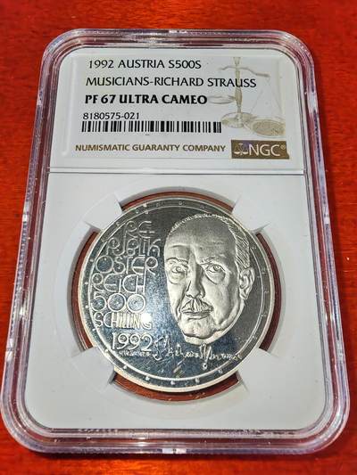 长老汇蛇年精选第一百场拍卖 - 1992 奥地利音乐家斯特劳斯500先令精制银币，NGC PF67UC，唯一冠军