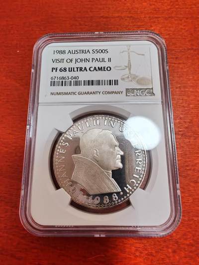 长老汇蛇年精选第一百场拍卖 - 1988 奥地利教皇保罗二世访问500先令精制银币，24克925银，NGC PF68UC，唯二亚军分，更高2枚