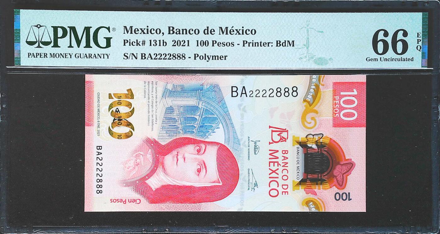世界靓号纸钞第八十二期 2021年墨西哥100比索 前狮子号2222 后豹子号888 非常漂亮的一张号码 PMG66