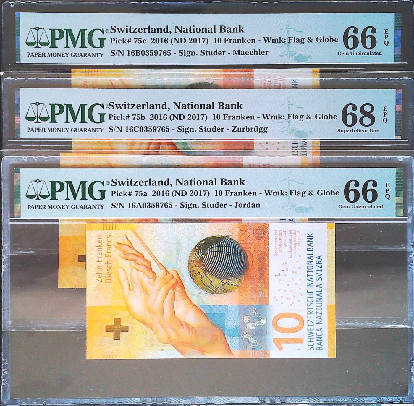 世界靓号纸钞第八十二期 2016年瑞士10法郎 三张同号 其中有一张A冠a签 PMG66-68 2017年IBNS世界最佳纸币