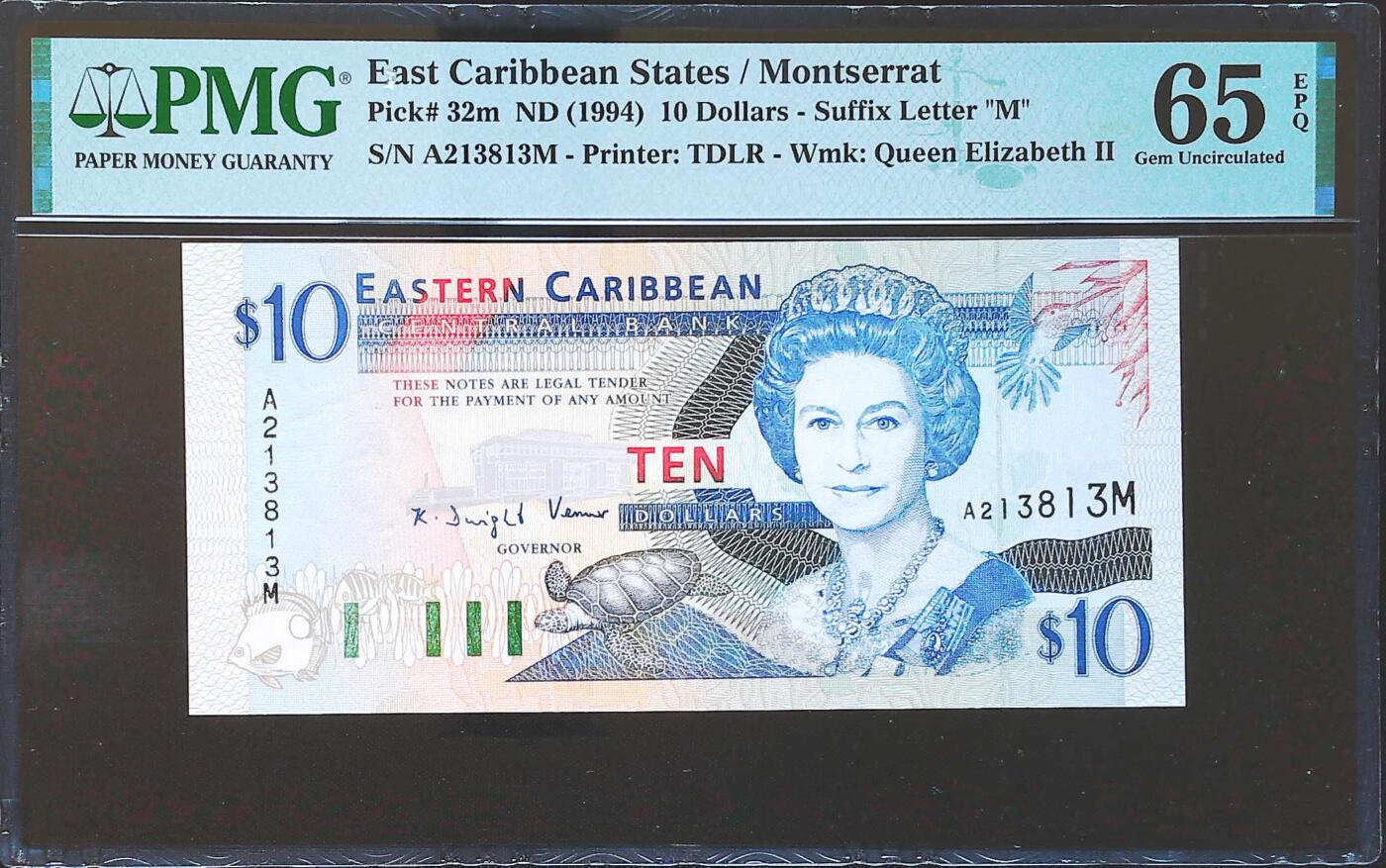 世界靓号纸钞第八十二期 1994年早期东加勒比10元 全程无47 PMG65 早期初版非常难找