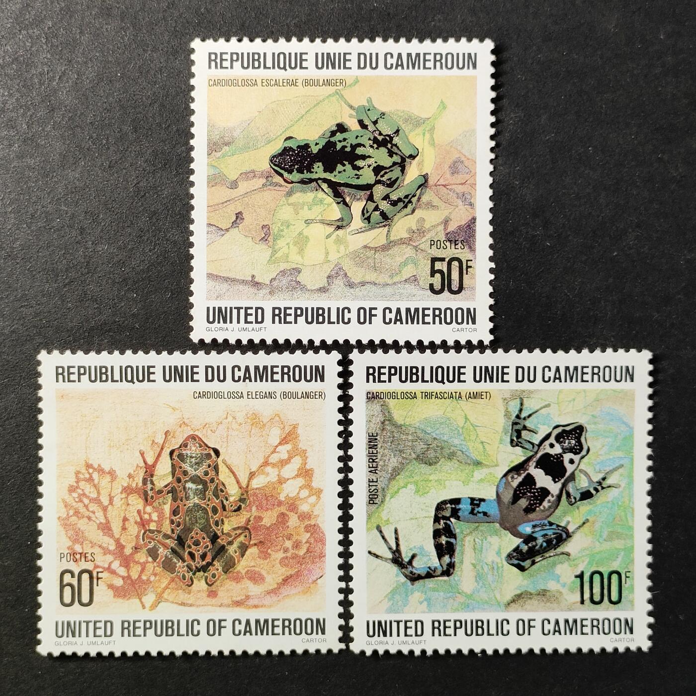 ↓君缘收藏740期☞钱币邮品↓无佣金、可寄存、满30元包邮  喀麦隆邮票，1978年蛙类:埃斯卡莱拉心舌蛙.雅致心舌蛙.三线心舌蛙邮票3全