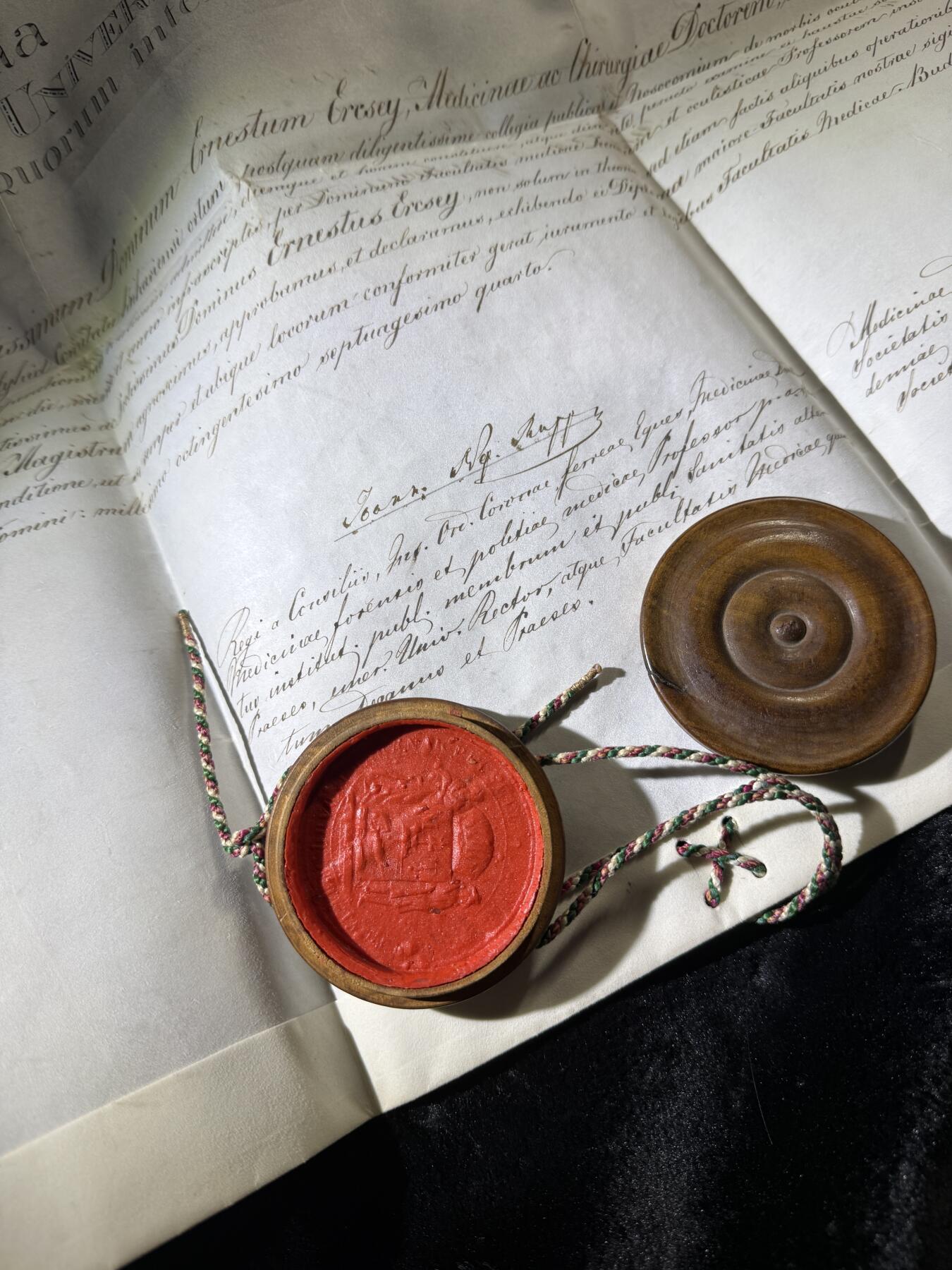 欢庆春节！戎马世界章牌大赏第111期春节大拍 1874年匈牙利佩斯皇家科学大学医学与外科学博士羊皮纸文凭，带挂绳蜡封，尺寸巨大，长约60cm