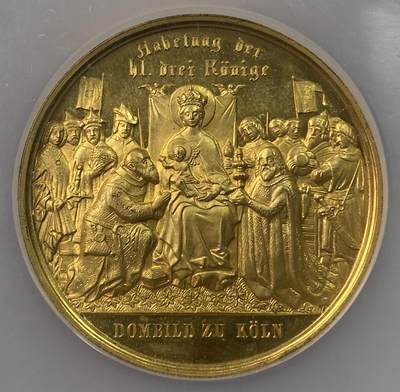 万国钱币拍卖第061期（马年首拍） - NGC MS62 1880年德国圣城科隆大教堂竣工纪念镀金大铜章 黄金质感 世界最震撼大教堂之一 二战中德国少有的免于战火建筑  50MM大规格高浮雕极美