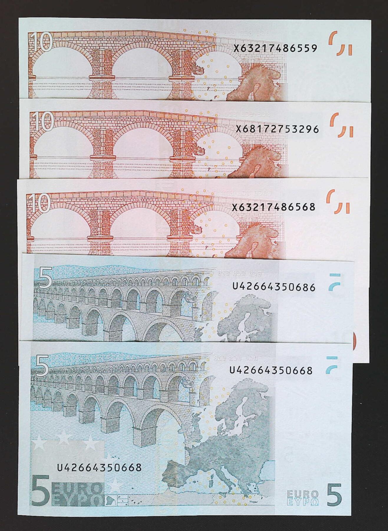 世界靓号纸钞第八十二期 2签欧元 5欧元两张 10欧元三张 品相如图