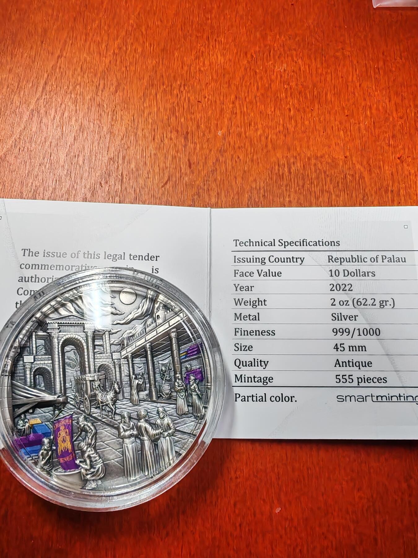 长老汇蛇年精选第一百场拍卖  2022帕劳失落的文明之腓尼基10元彩色高浮雕仿古银币，2盎司999银，盒证全，555枚