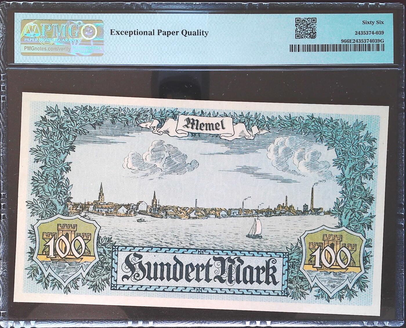 世界靓号纸钞第八十二期 1922年梅梅尔100马克 大面值非常少见 PMG66 超高分 冠军分