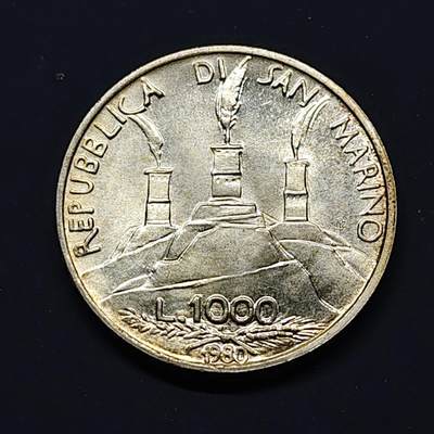 【全场包邮】纯粹捡漏拍503场 - 圣马力诺1980年1000里拉圣贝内德托纪念银币【31.4毫米14.6克83.5%】