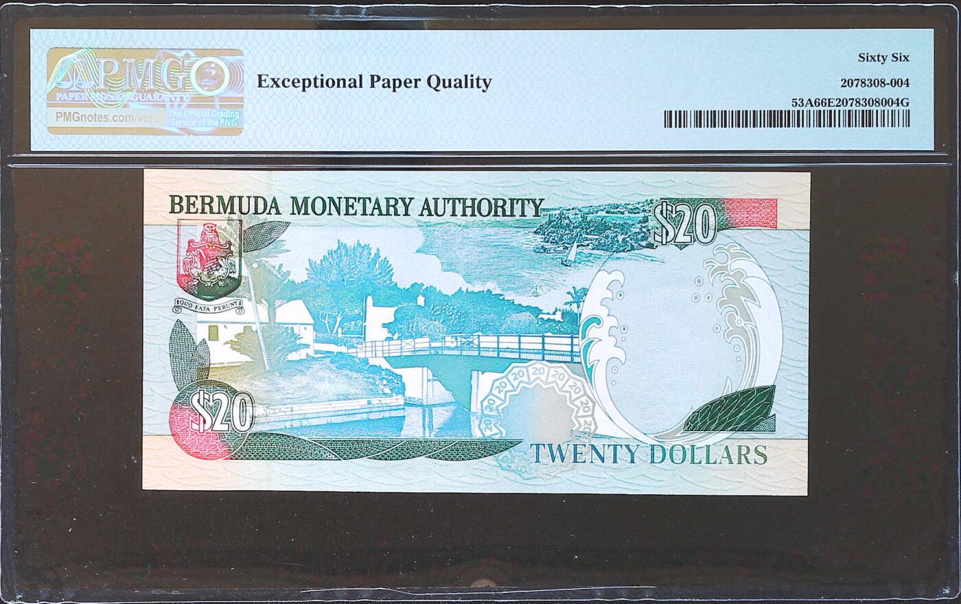 世界靓号纸钞第八十二期 2000年百慕大20元 再版小号156号 PMG66