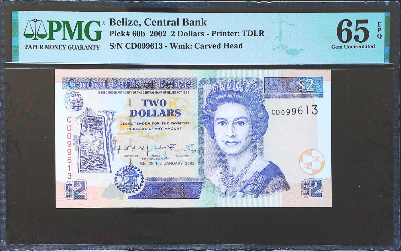 世界靓号纸钞第八十二期 2002年伯利兹2元 全程无47 PMG65
