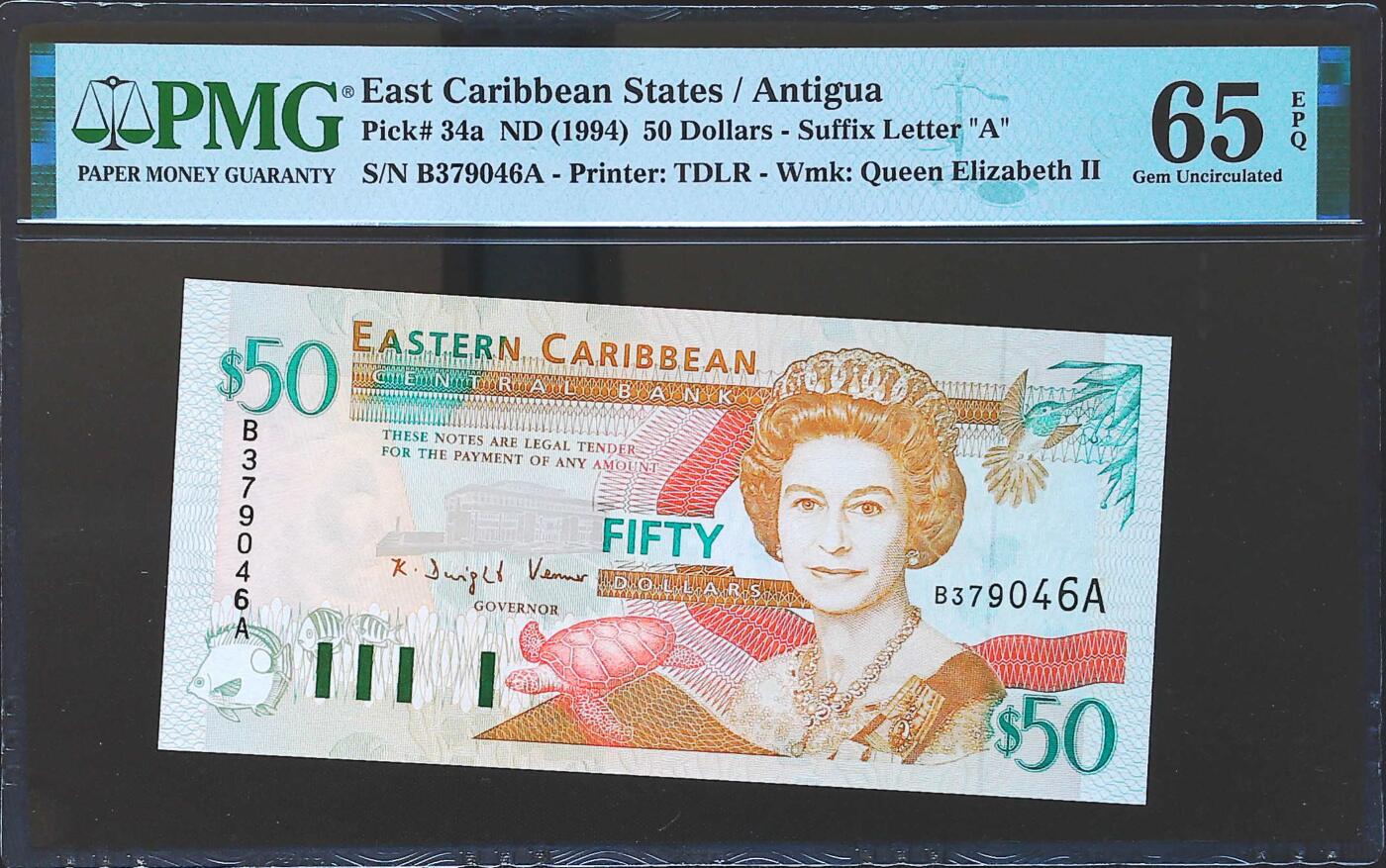 世界靓号纸钞第八十二期 1994年早期东加勒比50元 PMG65 初版非常难找