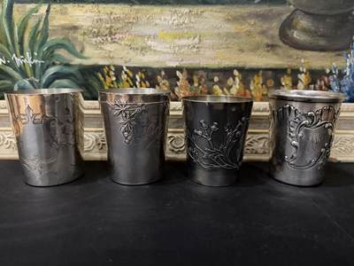 海外回流春节精品专场（一） - 法国回流19世纪纯银酒杯（左起尺寸：8cmX6.4cm，8cmX6.4cm，7.5cmX6.4cm，8cmX6.5cm，共计342.2g，有银标）