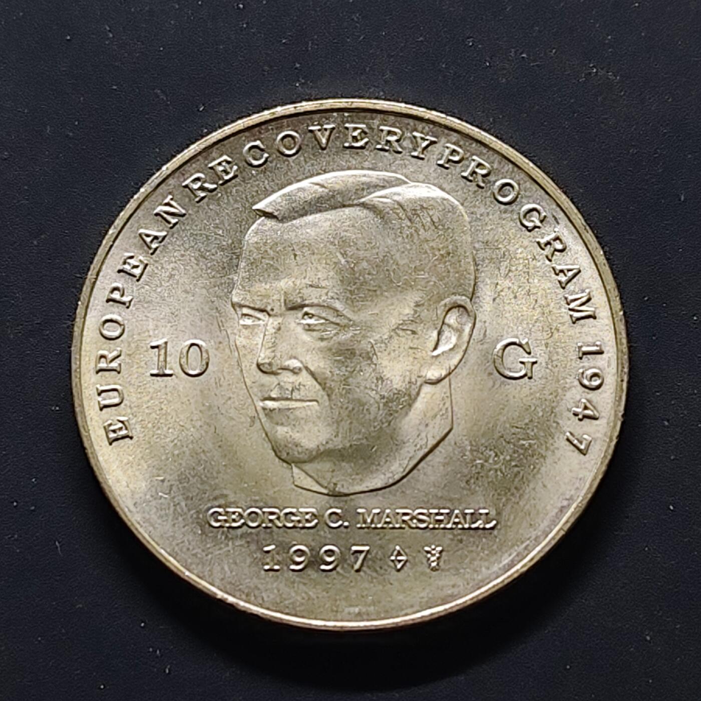 【全场包邮】纯粹捡漏拍503场 荷兰1997年10盾马歇尔计划50周年纪念银币【33毫米15克80%】