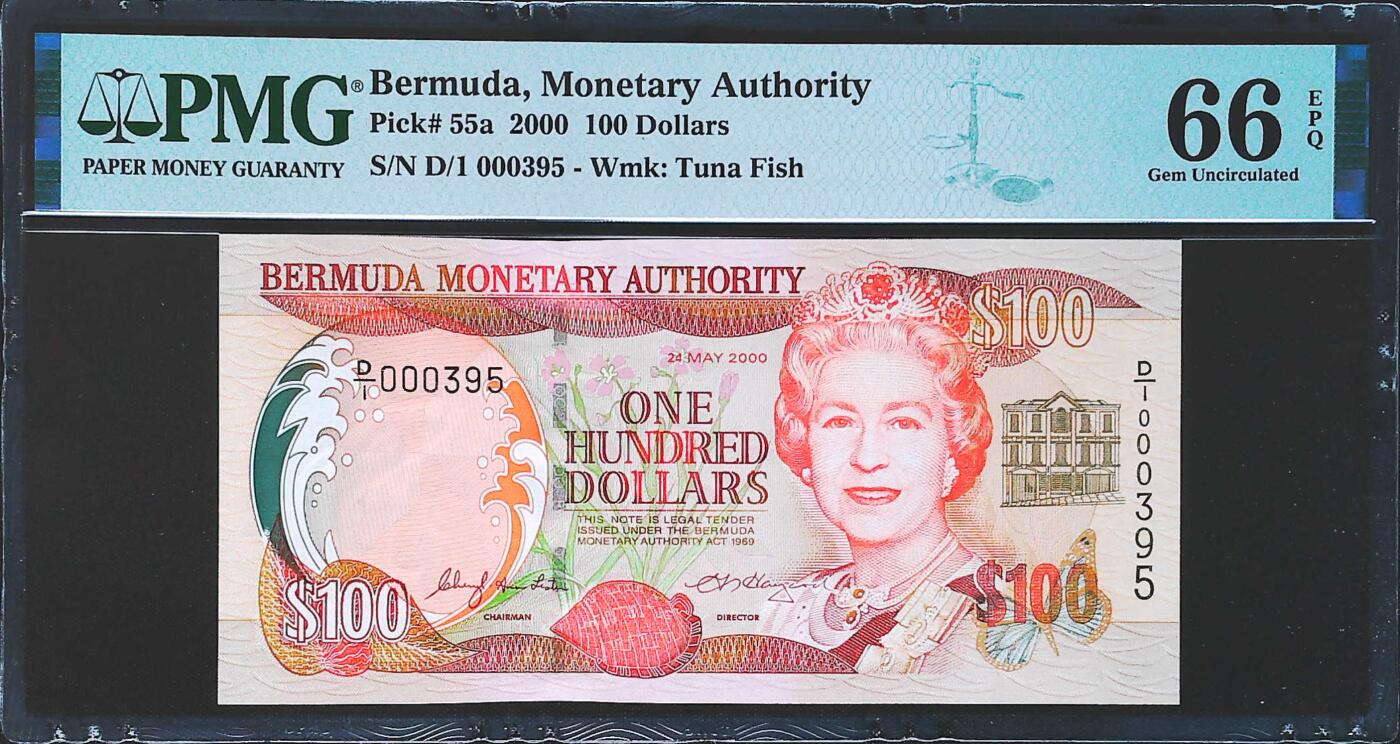 世界靓号纸钞第八十二期 2000年百慕大100元 首发D1冠 百位号395号 PMG66