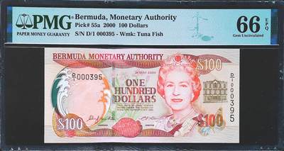 世界靓号纸钞第八十二期 - 2000年百慕大100元 首发D1冠 百位号395号 PMG66