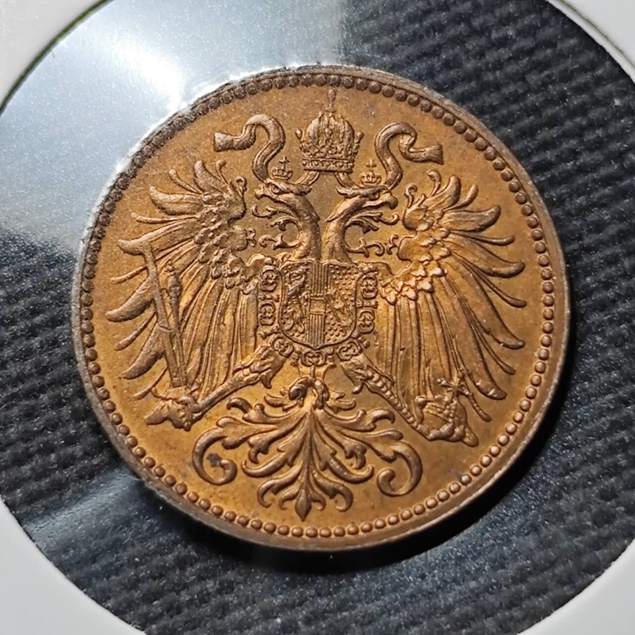 KK钱币收藏小铺  第397期 百期特怕（四拍之一） 2月预留时间 周末发货  1913奥地利2格罗申铜币 MS品可评级