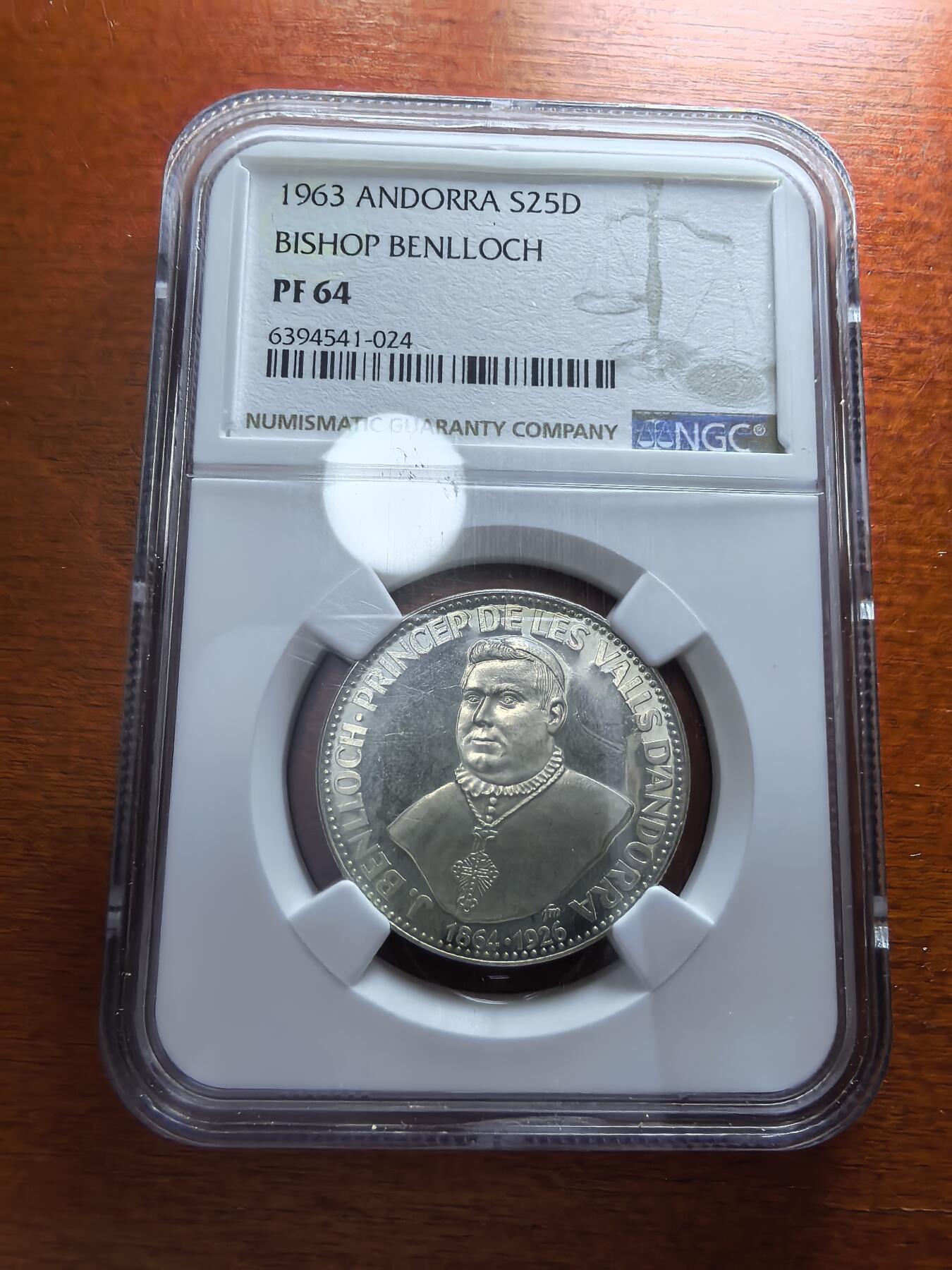 长老汇蛇年精选第一百场拍卖 珍稀币！1963安道尔本洛克主教25第纳尔精制银币，NGC PF64分，唯一亚军，更高1枚，共发行1350枚