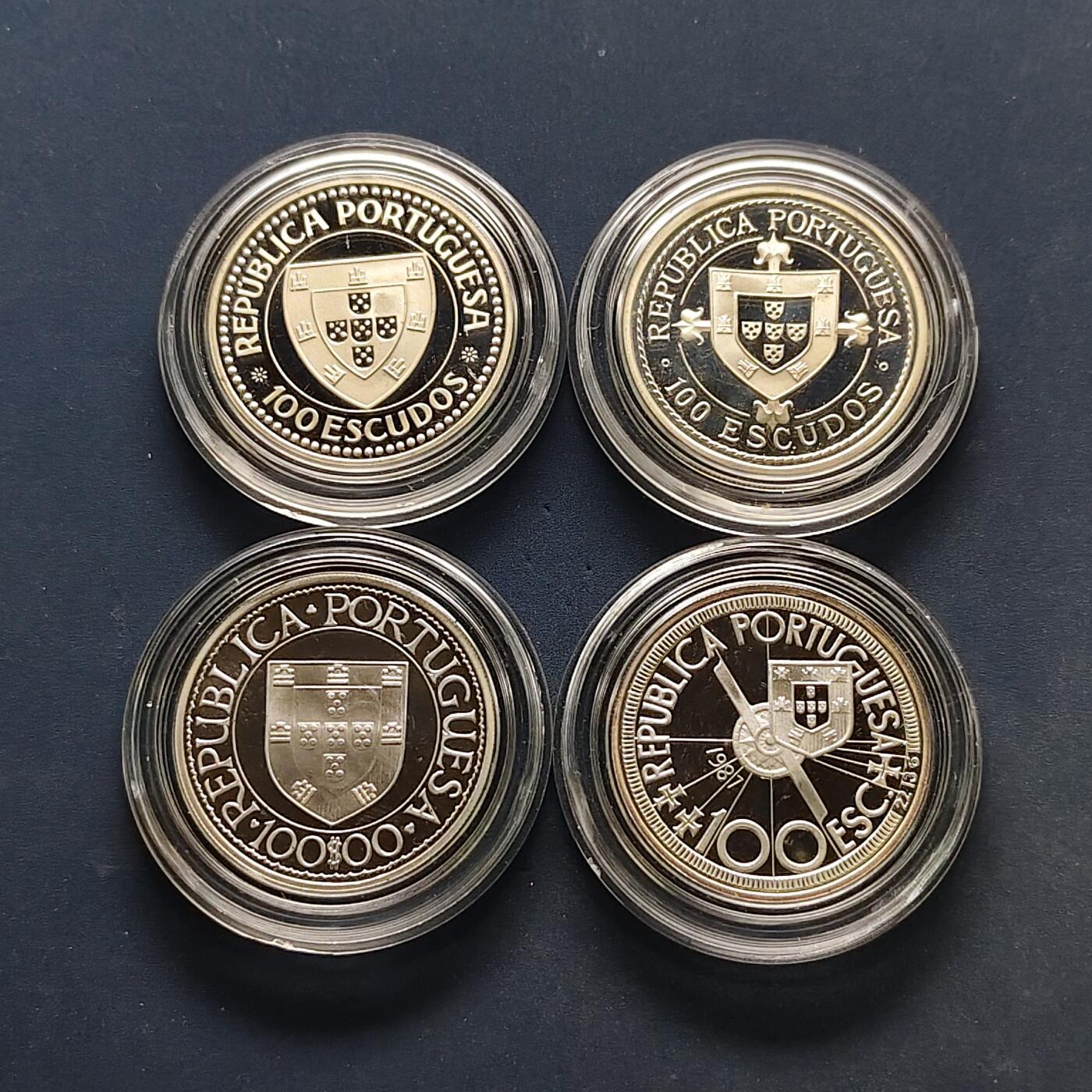 【全场包邮】纯粹捡漏拍503场 葡萄牙1987-1988年大航海时代系列第一组精制纪念银币4枚全套银币【34毫米16.5克92.5%X4枚】-盒证全