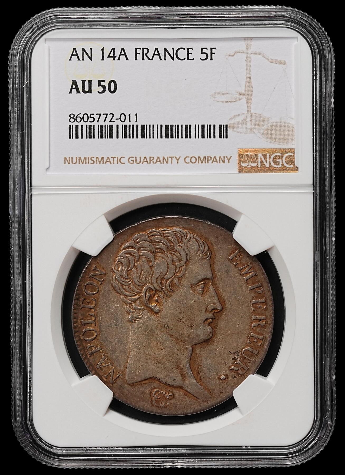 修遠堂世界钱币第105期，马年首拍 NGC AU50 法国共和十四年拿破仑5法郎大银币，有分稀少，A厂铭