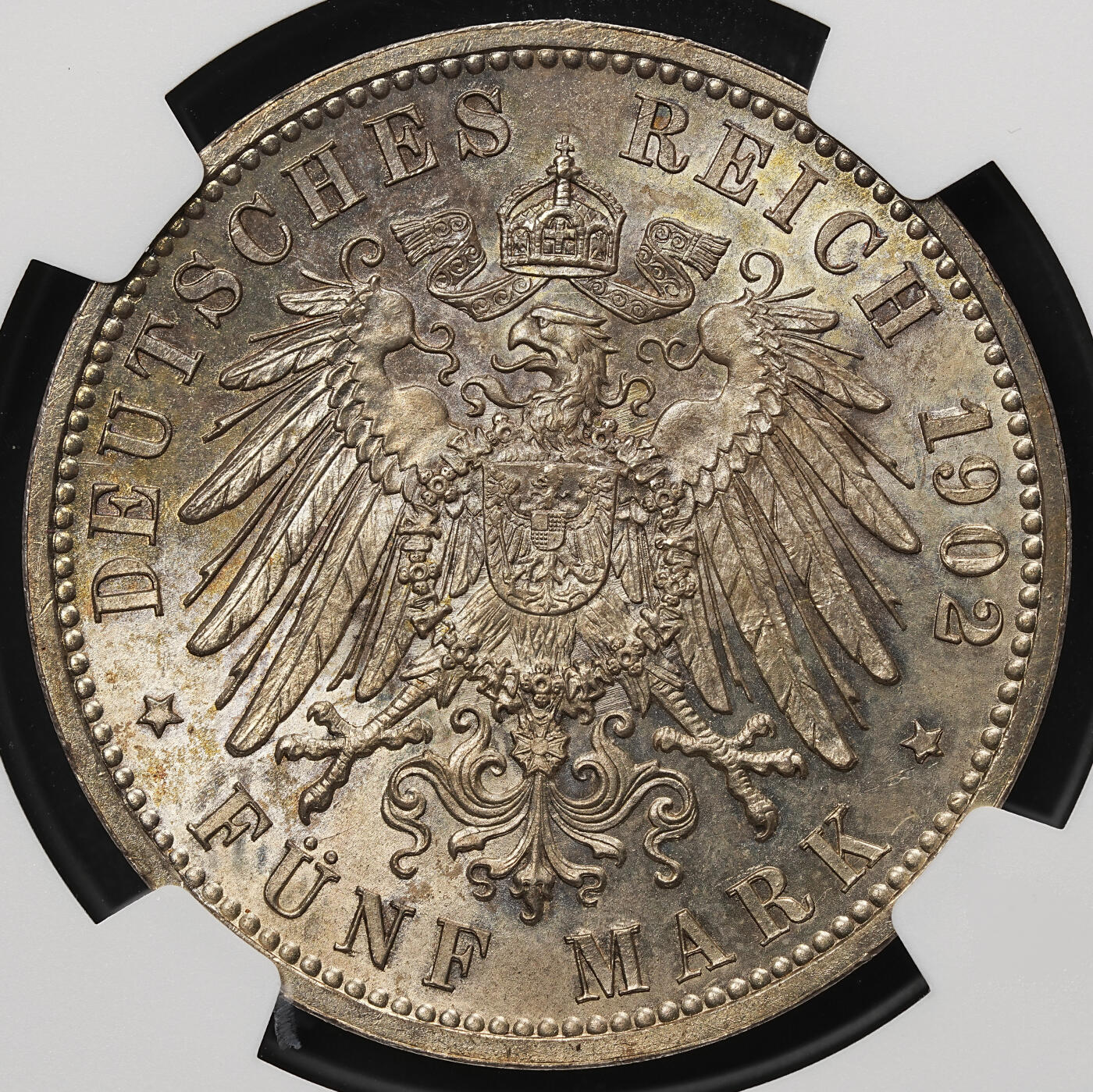 修遠堂世界钱币第105期，马年首拍 NGC MS63  1902年巴登大公国弗里德里希一世登基50周年5马克大银币，黄油彩