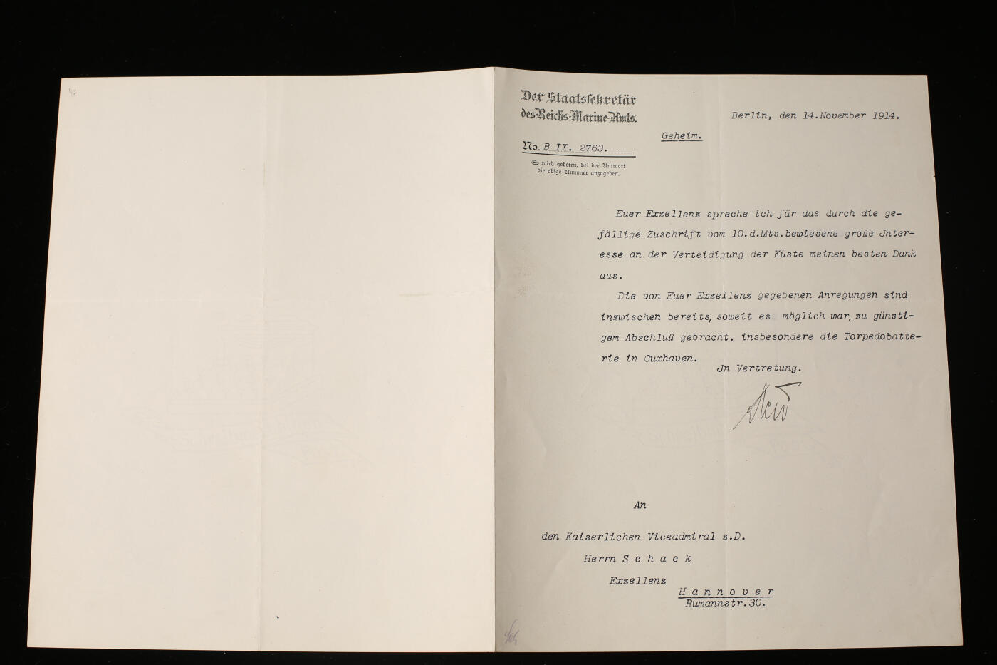 欢庆春节！戎马世界章牌大赏第112期春节大拍  德专场 帝国海军部（Reichsmarineamt）致  威廉·沙克  的机密正式公务函件     冯·克尔纳亲签