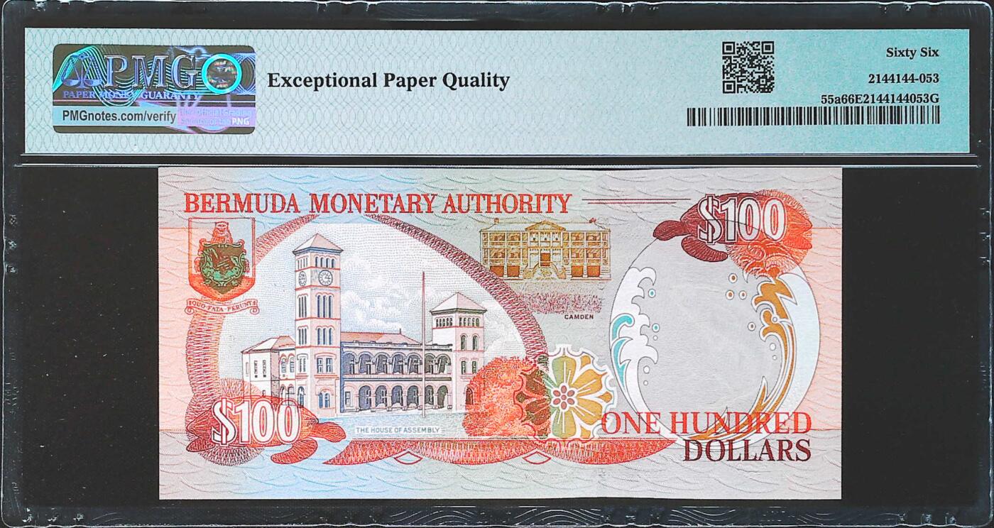 世界靓号纸钞第八十二期 2000年百慕大100元 首发D1冠 百位号395号 PMG66