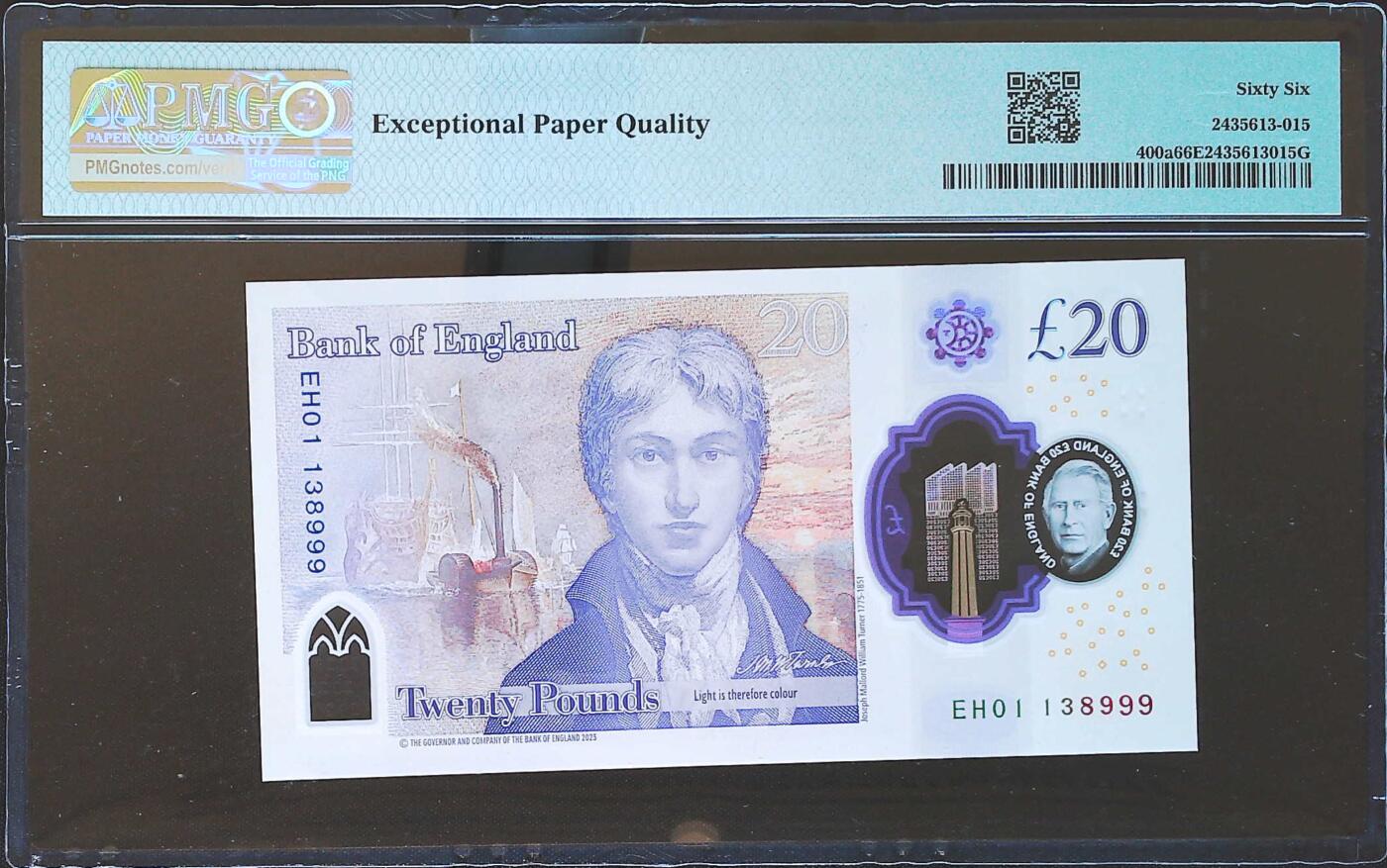 世界靓号纸钞第八十二期 2024年英国英格兰银行20镑 稀少首发EH01冠 全程无47 豹子号999 PMG66