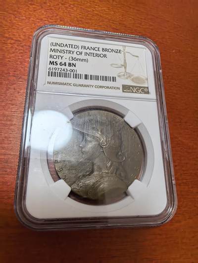 长老汇蛇年精选第一百场拍卖 - 法国罗缇雕刻戎装玛丽安娜内务部铜章，NGC MS64BN，N盒唯一记录。实物非常漂亮！