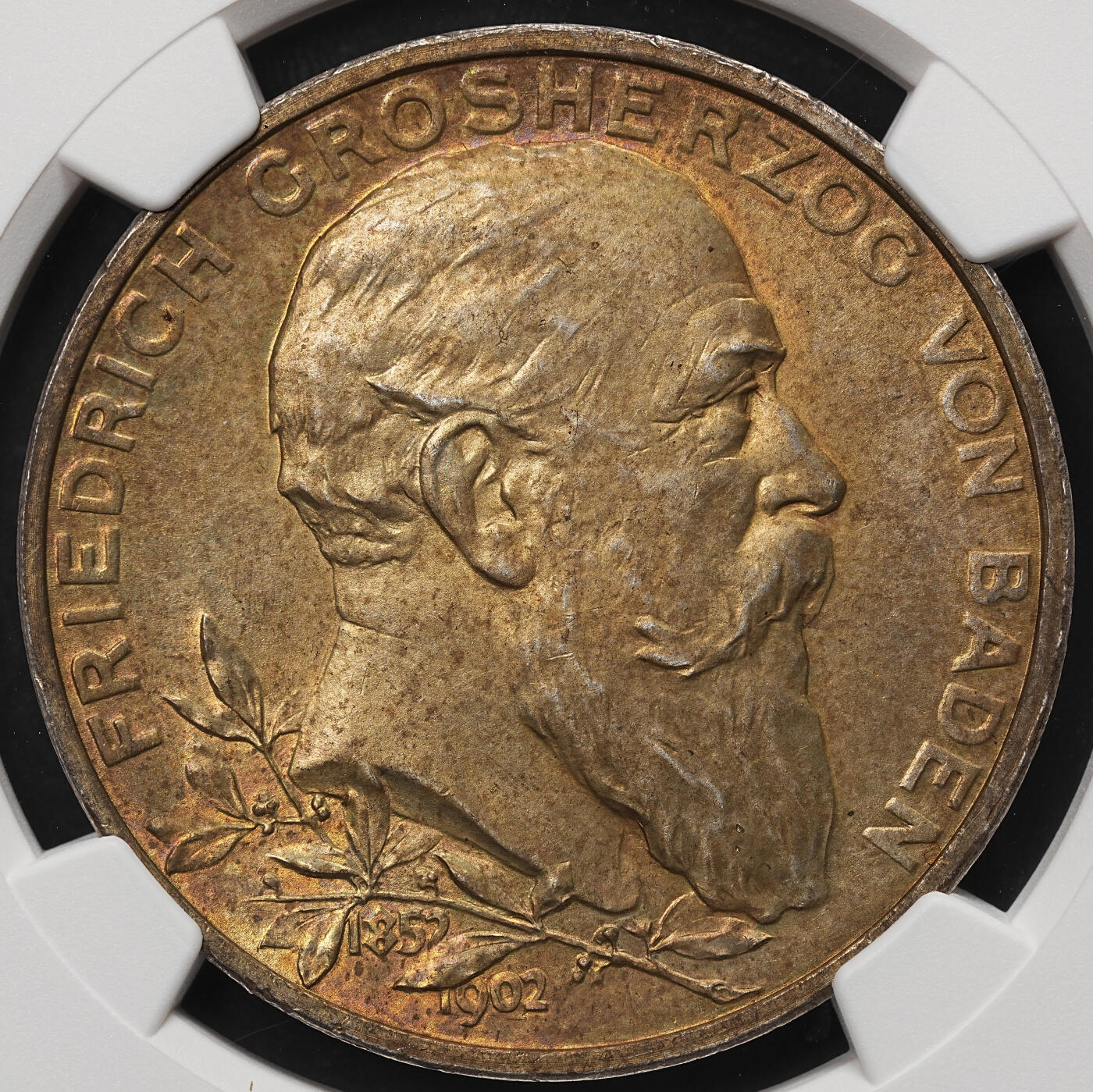 修遠堂世界钱币第105期，马年首拍 NGC MS63  1902年巴登大公国弗里德里希一世登基50周年5马克大银币，黄油彩