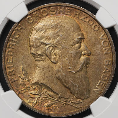 修遠堂世界钱币第105期，马年首拍 - NGC MS63  1902年巴登大公国弗里德里希一世登基50周年5马克大银币，黄油彩