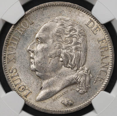 修遠堂世界钱币第105期，马年首拍 - NGC MS62 1821年法国5法郎大银币，路易十八，A厂铭