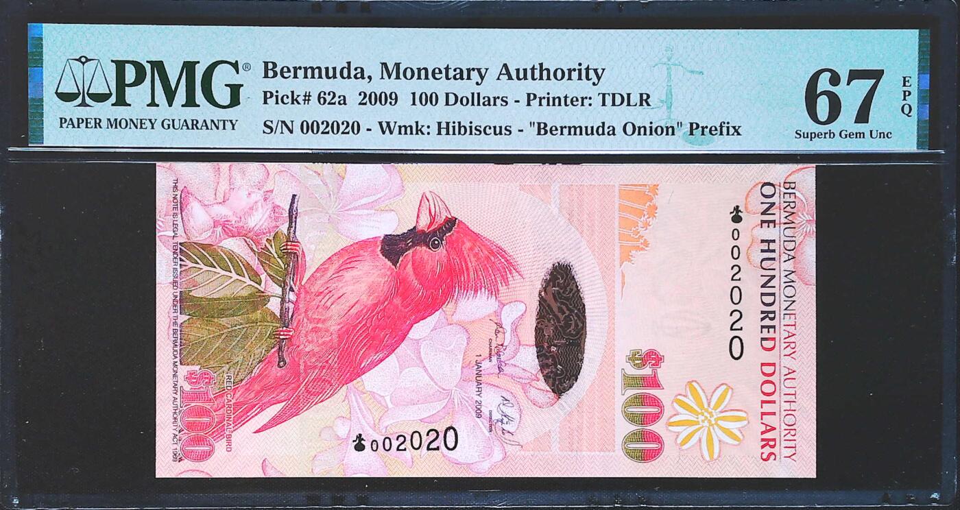世界靓号纸钞第八十二期 2009年百慕大100元 最大面值 洋葱冠 千位号 年份号2020号 PMG67 高分 现在非常难找 十分稀缺 非常精美