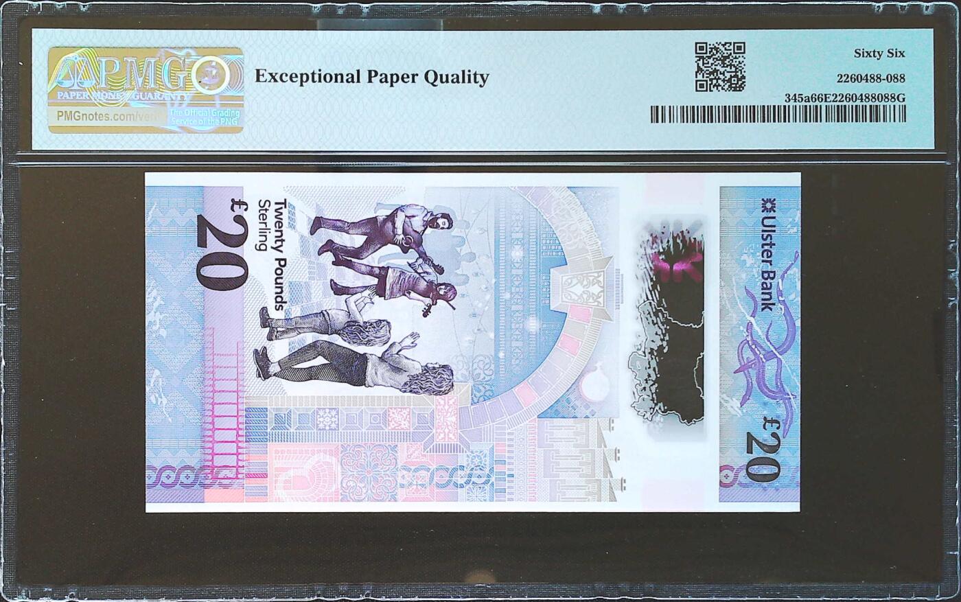 世界靓号纸钞第八十二期 2019年北爱尔兰阿尔斯特银行20镑 首发AA冠 稀少小号 16号 PMG66