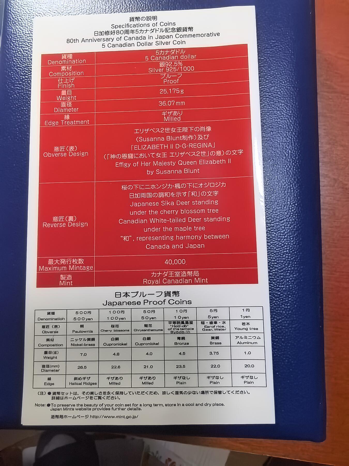 长老汇蛇年精选第一百场拍卖 2009日本和加拿大友好80周年7枚精装套币，盒证全，含5加元同主题精制银币1枚，25.175克925银，克书标注1盎司999银