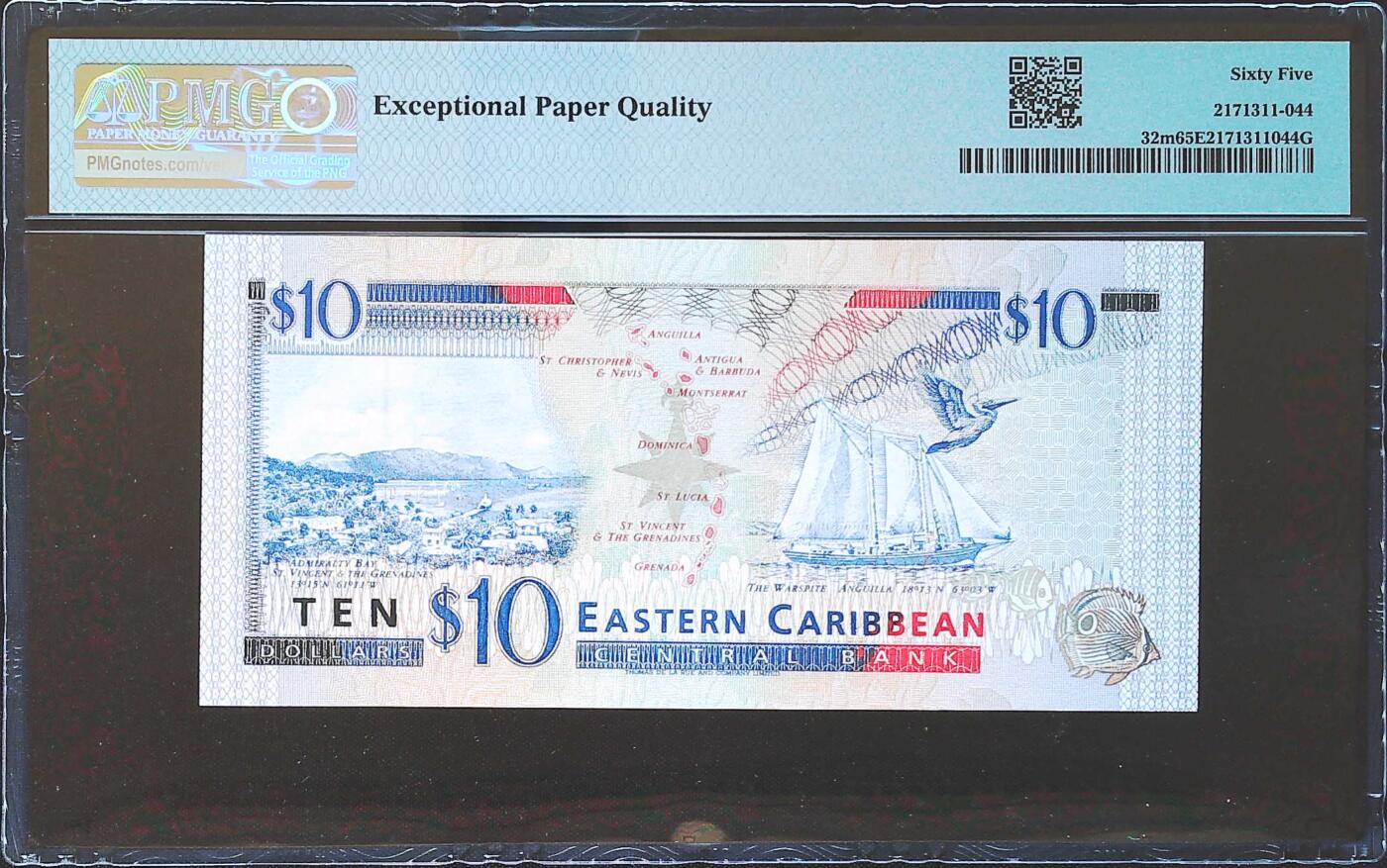世界靓号纸钞第八十二期 1994年早期东加勒比10元 全程无47 PMG65 早期初版非常难找