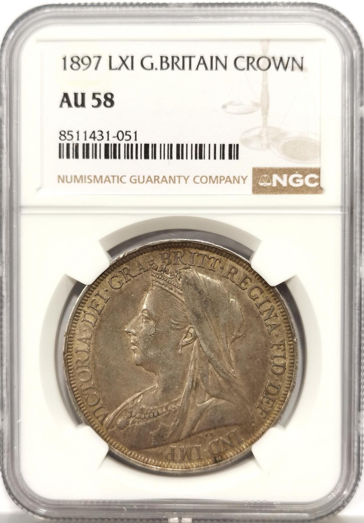 博洋堂蛇年收官专场暨第161期（全场包邮） NGC AU58 英国1897LXI维多利亚女王披纱马剑克朗，经典英国包浆，披纱马剑的58也不容易，最近麦稀奇的58披纱也都要2000多了