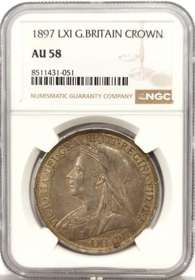 博洋堂蛇年收官专场暨第161期（全场包邮） - NGC AU58 英国1897LXI维多利亚女王披纱马剑克朗，经典英国包浆，披纱马剑的58也不容易，最近麦稀奇的58披纱也都要2000多了